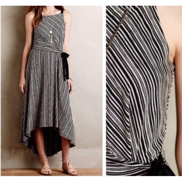 Maeve Anthropologie Salsola Hi-Lo Striped Side Tied Dress Small Black Cream - Picture 12 of 12